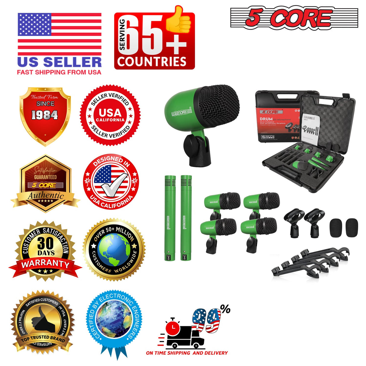 5 Core Drum Microphone Kit 7Pc All Metal Drummer Mics Tom/Snare & Cymbals Wired Instrument Drums Set