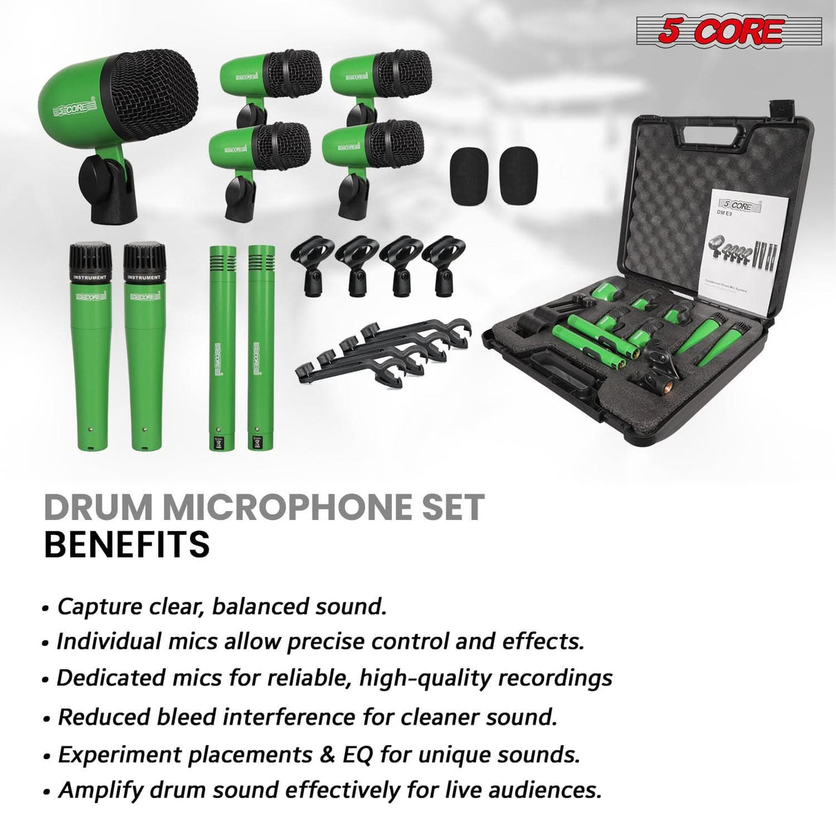 5 Core Drum Microphone Kit 9Pc All Metal Drummer Mics Tom/Snare & Cymbals Wired Instrument Drums Set
