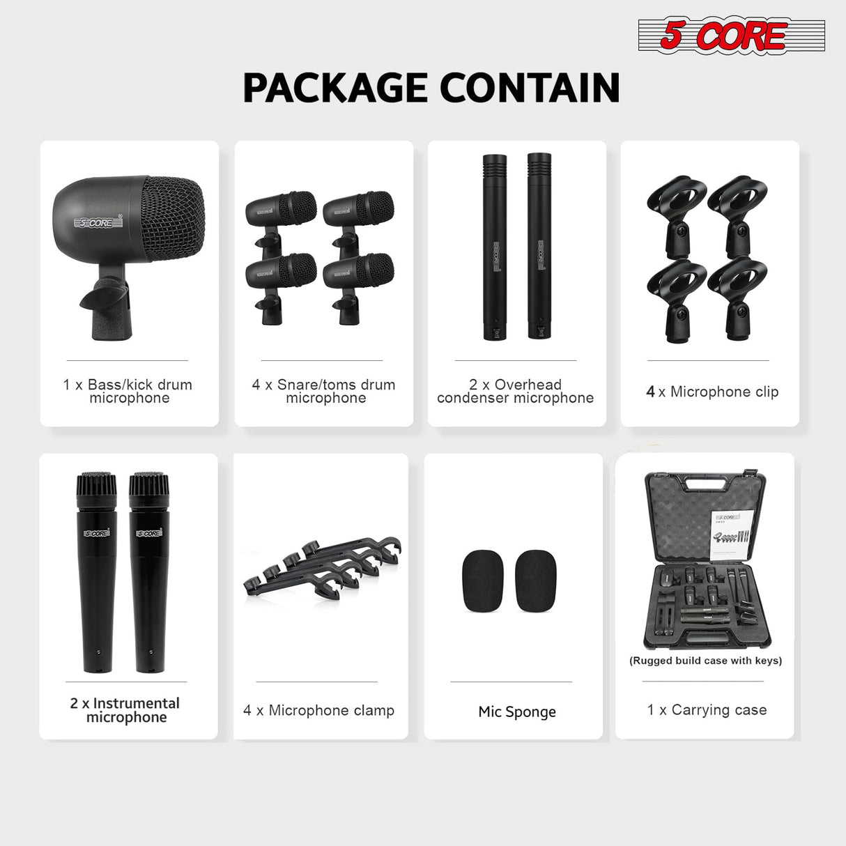 5 Core Drum Microphone Kit 9Pc All Metal Drummer Mics Tom/Snare & Cymbals Wired Instrument Drums Set