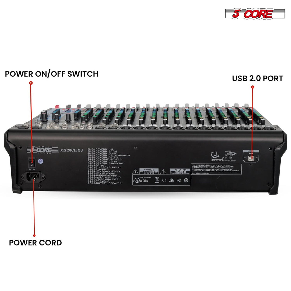 5 Core Audio Mixer 20 Channel DJ Soundboard USB Interface Bluetooth Mixing Console w 24 SPX Effect