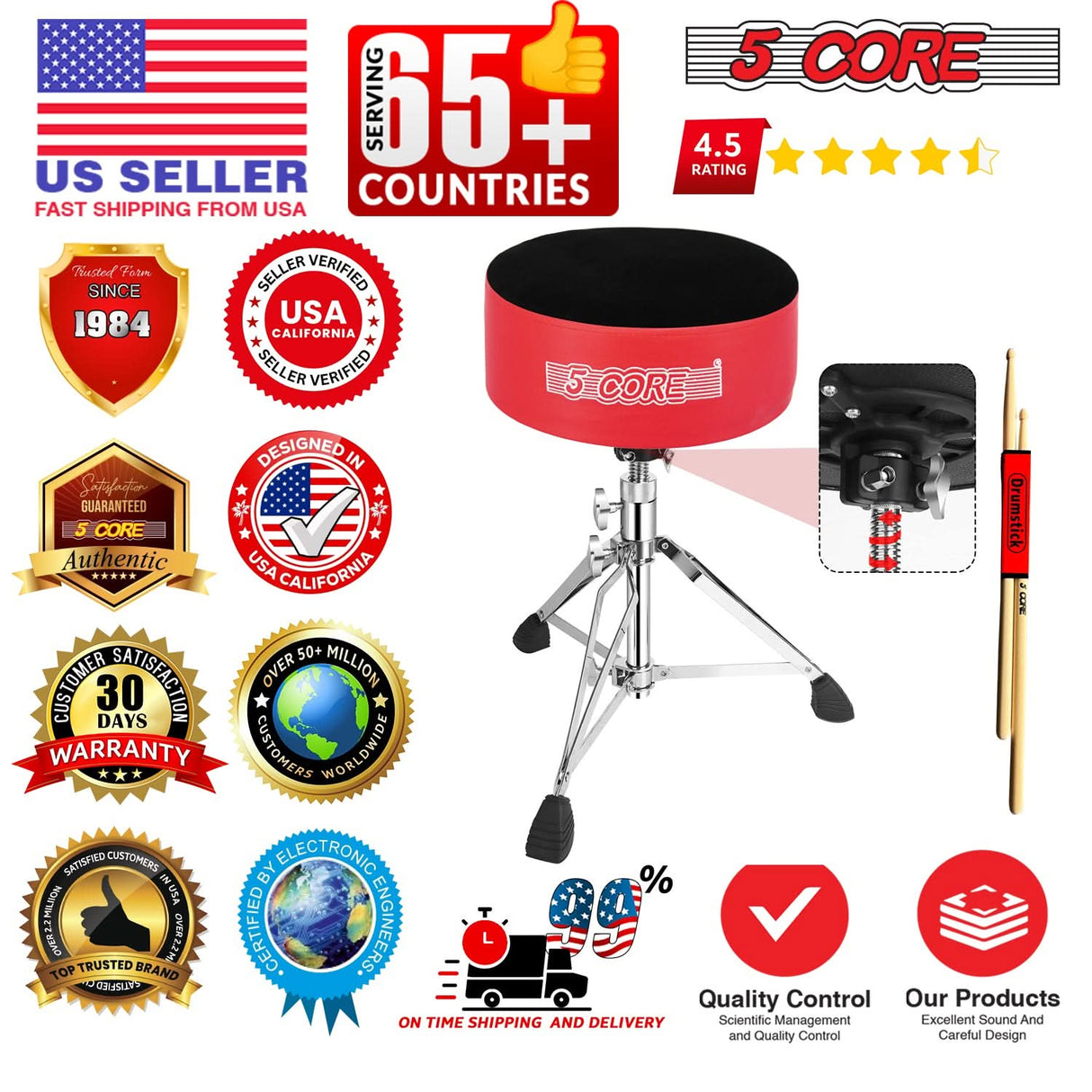 5 Core Drum Throne 5" Padded Drummer Seat Adjustable Drumming Chair w Luxury Velvet Top