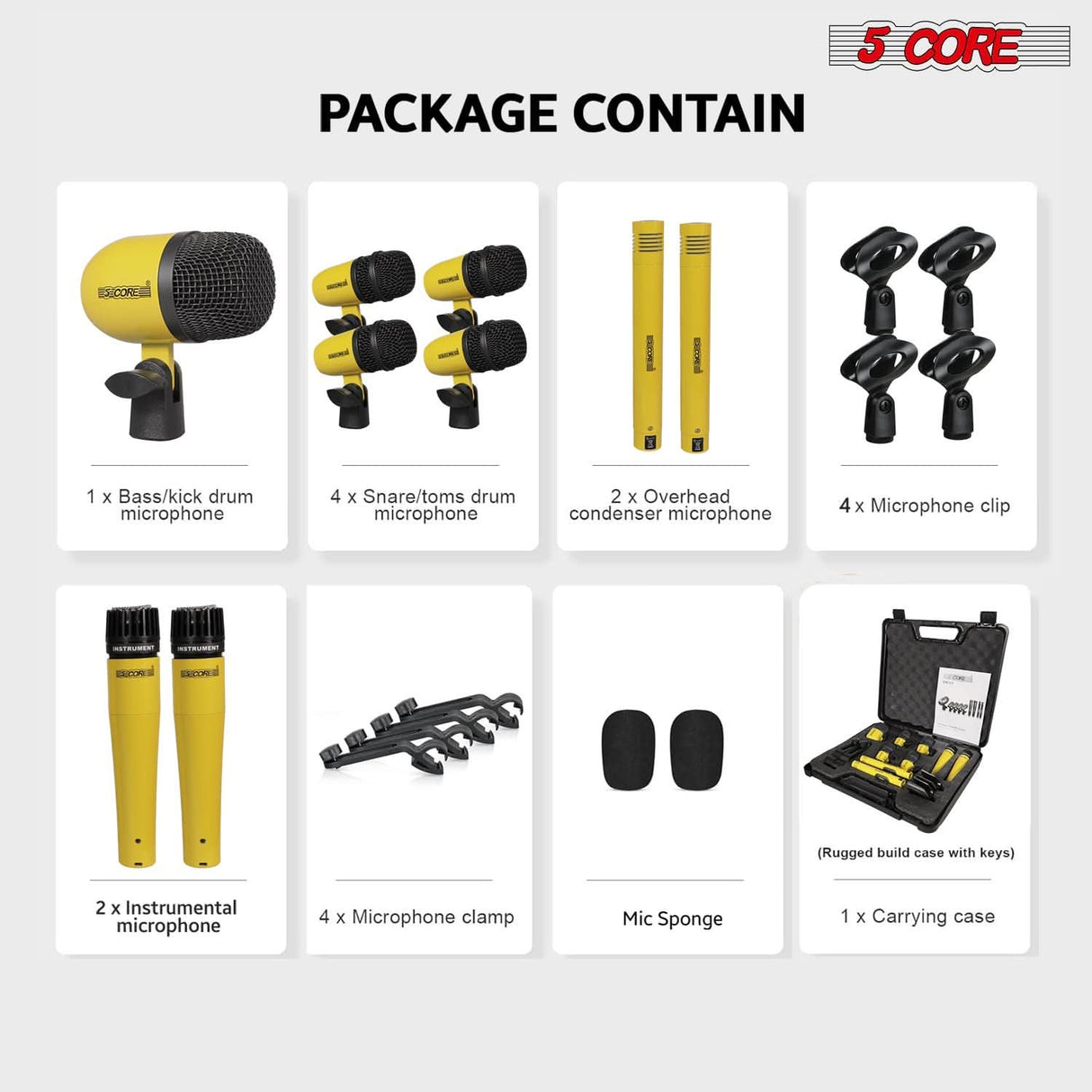 5 Core Drum Microphone Kit 9Pc All Metal Drummer Mics Tom/Snare & Cymbals Wired Instrument Drums Set