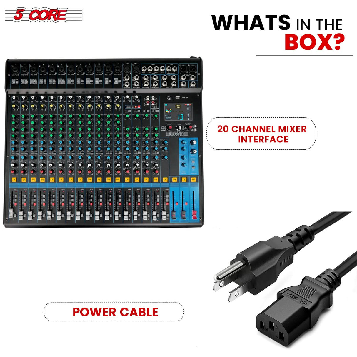 5 Core Audio Mixer 20 Channel DJ Soundboard USB Interface Bluetooth Mixing Console w 24 SPX Effect