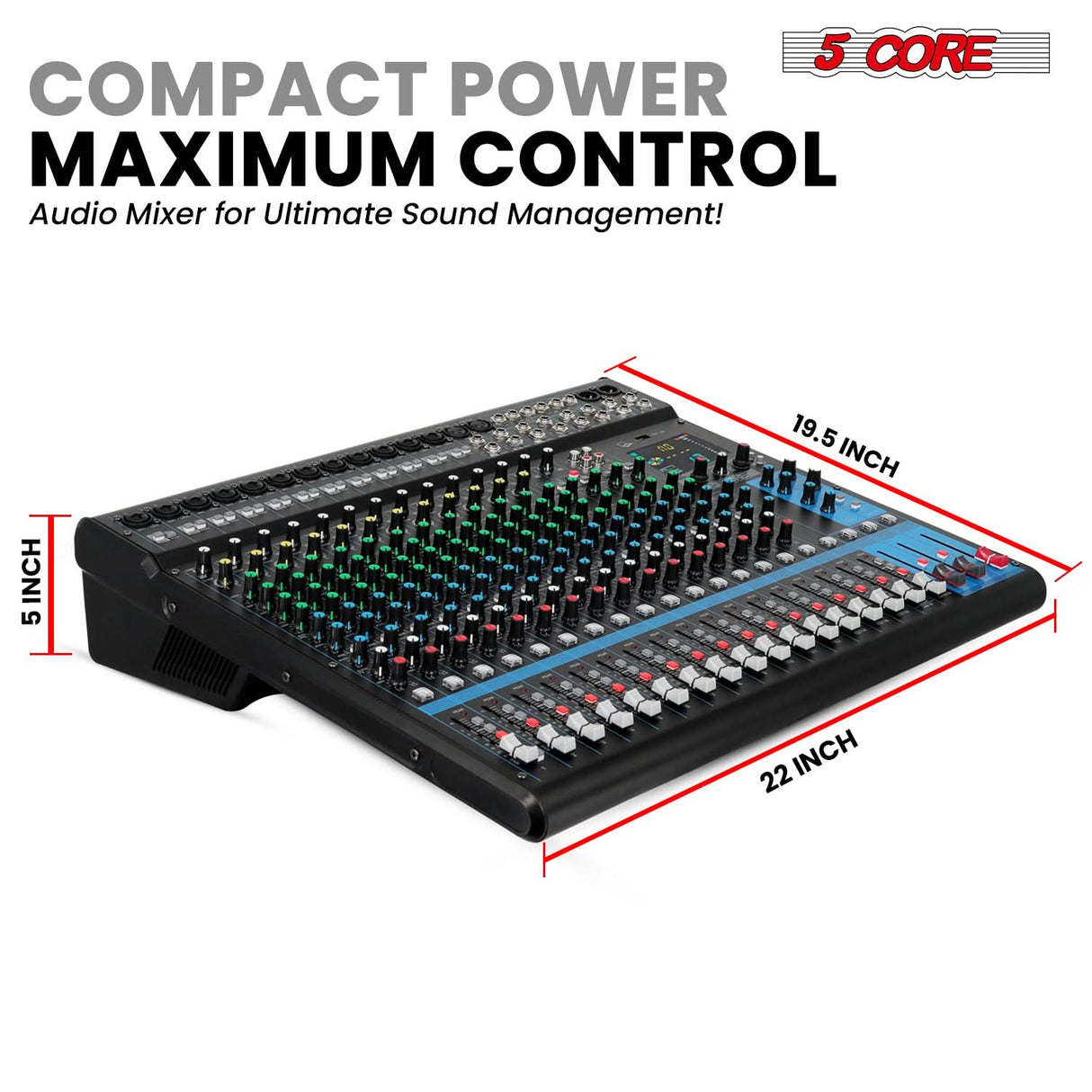 5 Core Audio Mixer 20 Channel DJ Soundboard USB Interface Bluetooth Mixing Console w 24 SPX Effect