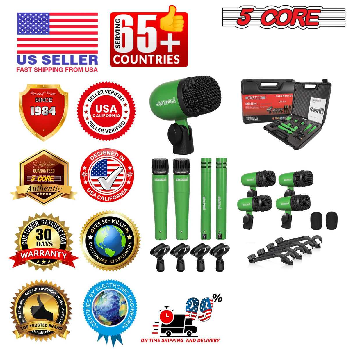 5 Core Drum Microphone Kit 9Pc All Metal Drummer Mics Tom/Snare & Cymbals Wired Instrument Drums Set