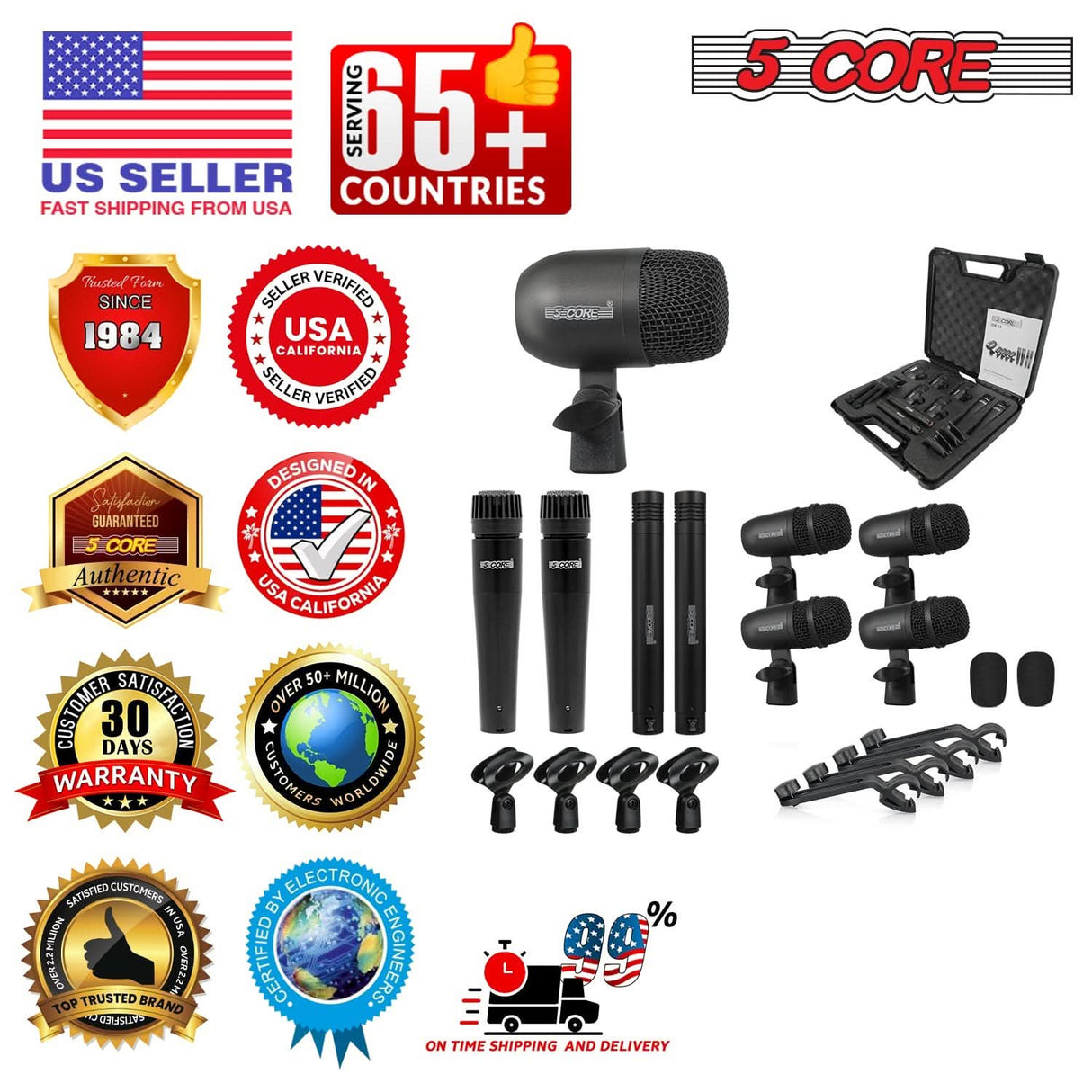 5 Core Drum Microphone Kit 9Pc All Metal Drummer Mics Tom/Snare & Cymbals Wired Instrument Drums Set