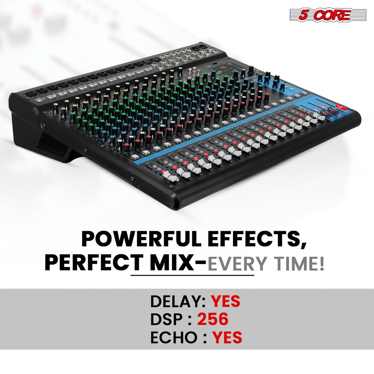 5 Core Audio Mixer 20 Channel DJ Soundboard USB Interface Bluetooth Mixing Console w 24 SPX Effect