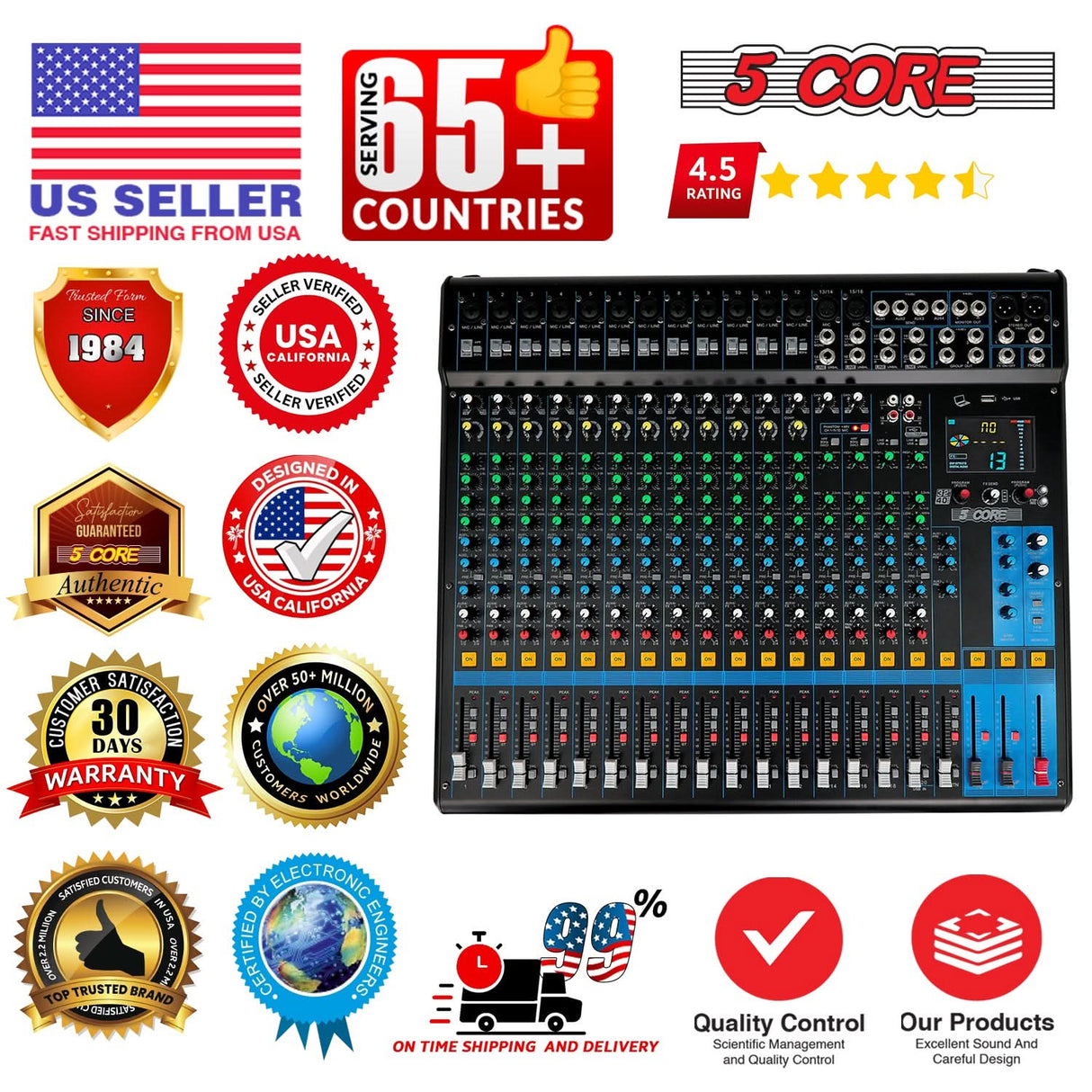 5 Core Audio Mixer 20 Channel DJ Soundboard USB Interface Bluetooth Mixing Console w 24 SPX Effect