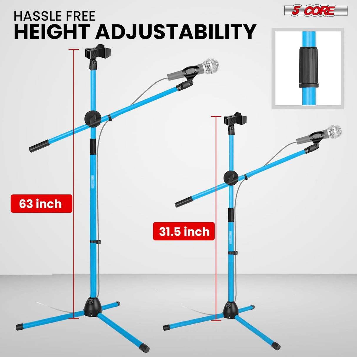 5 Core Dual Microphone Stand 2 Pack, Adjustable Tripod Floor Stand with Boom Arm, Sky Blue
