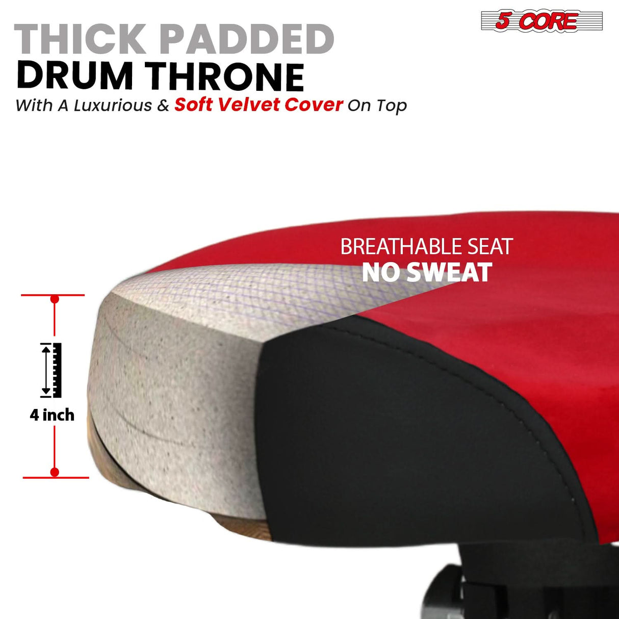 5 Core Drum Throne w Backrest 4" Padded Stool Airlift 25" Adjustable Drummer Stool 441Lb Capacity