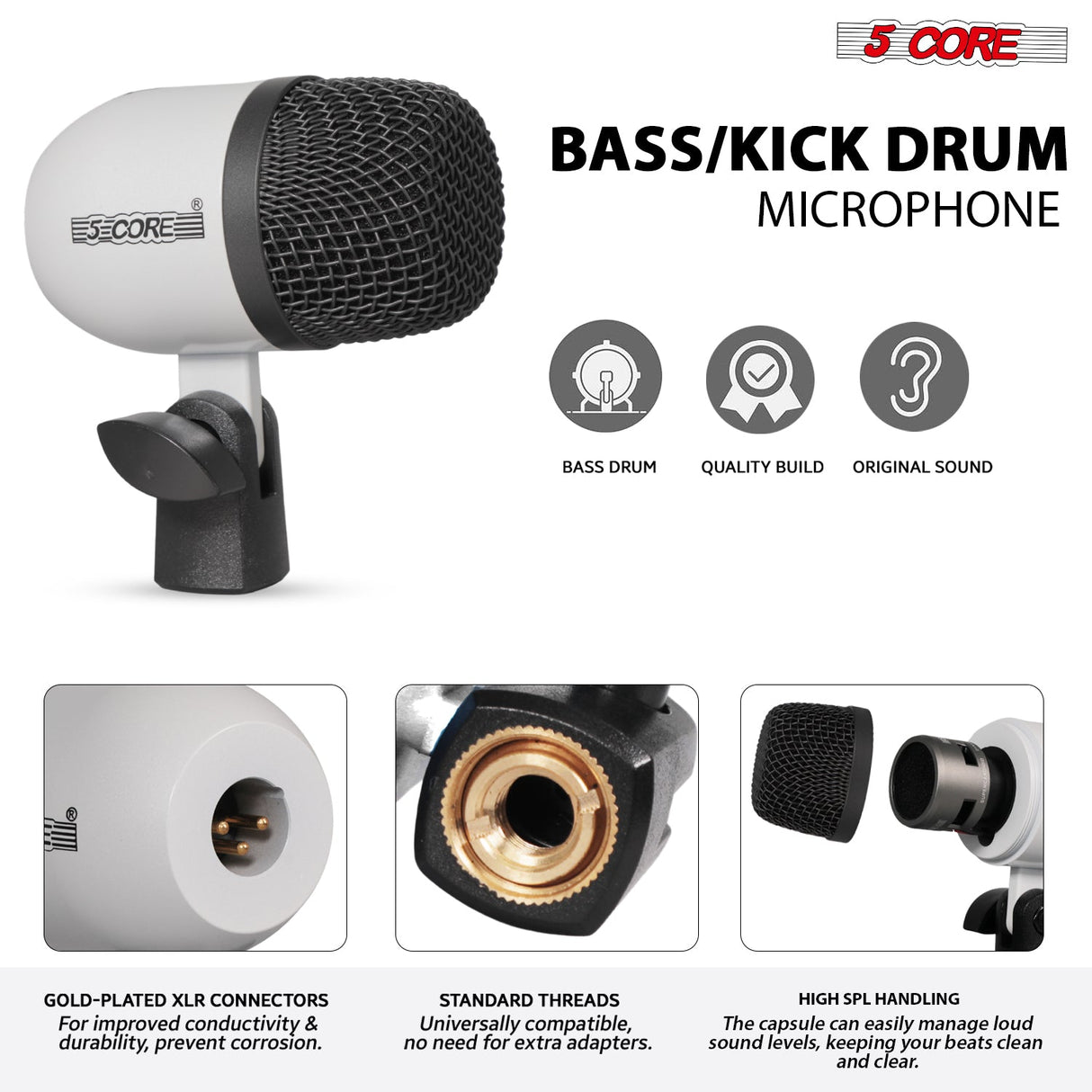 5 Core Drum Microphone Kit 7Pc All Metal Drummer Mics Tom/Snare & Cymbals Wired Instrument Drums Set