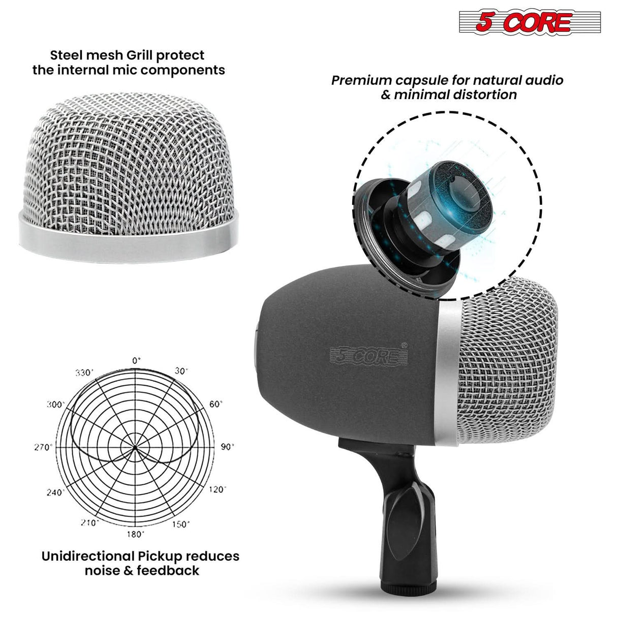 5 Core Kick Drum Microphone Cardioid Dynamic Bass Mic Swivel Adjustable Durable Steel Mesh Grille