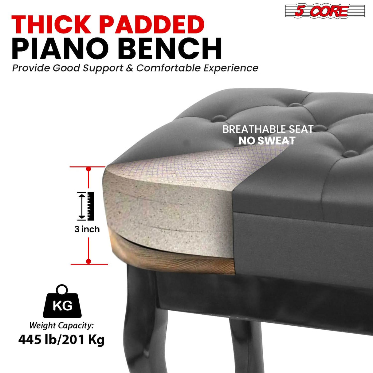 5 Core Piano Bench 3" Padded Cushioned Stool Wooden Heavy Duty Adjustable Musician Chair w Storage