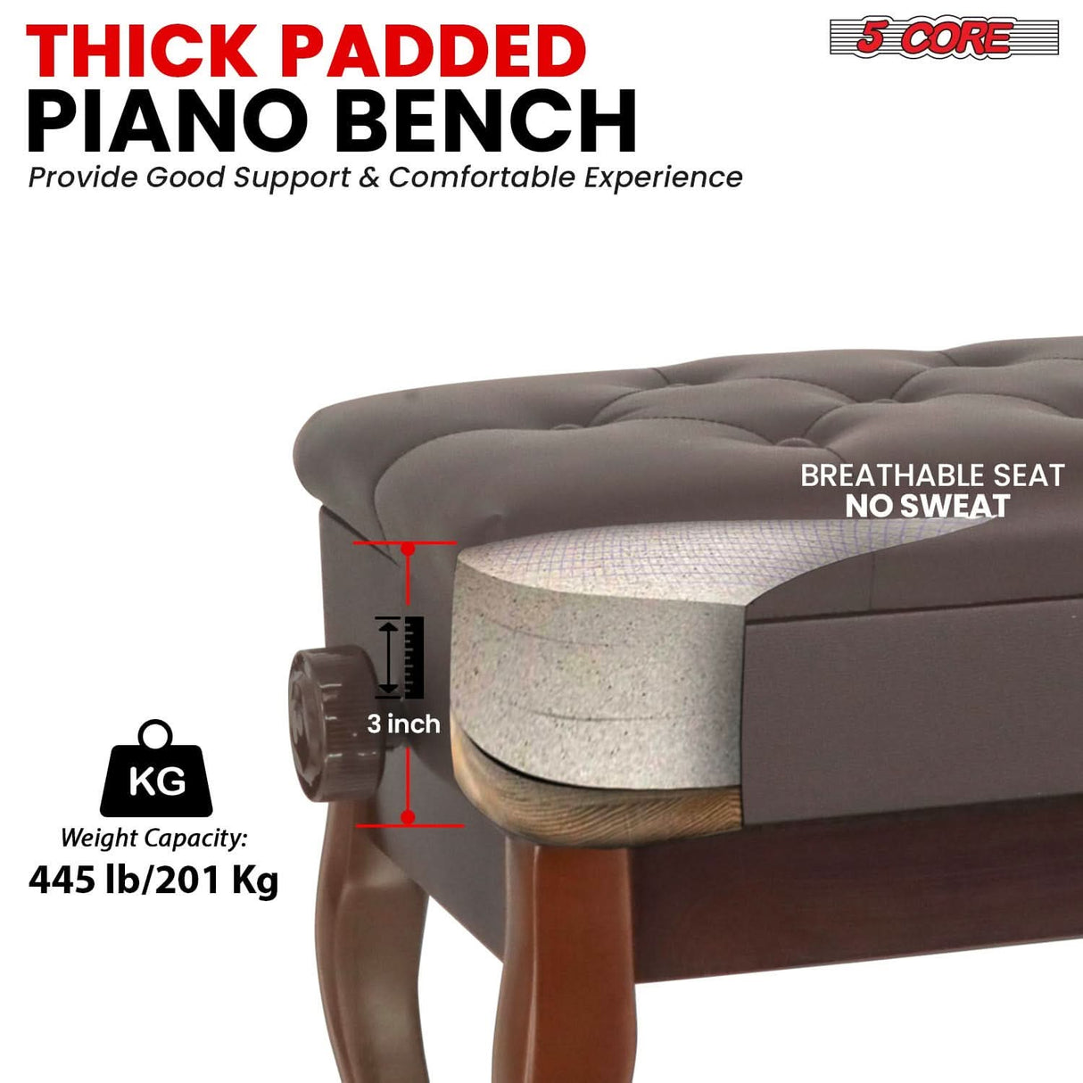 5 Core Piano Bench 3" Padded Cushioned Stool Wooden Heavy Duty Adjustable Musician Chair w Storage