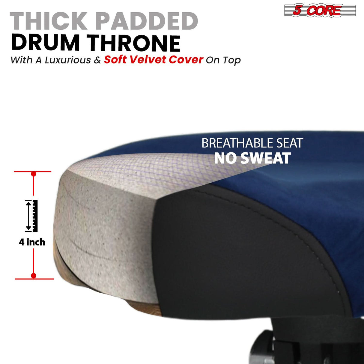 5 Core Drum Throne w Backrest 4" Padded Stool Airlift 25" Adjustable Drummer Stool 441Lb Capacity