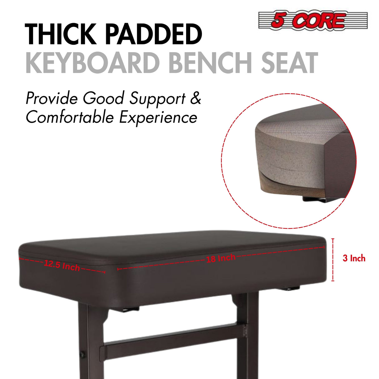 5 Core Keyboard Bench 3" Padded Cushioned Piano Stool Height Adjustable Guitar Seat Folding Portable