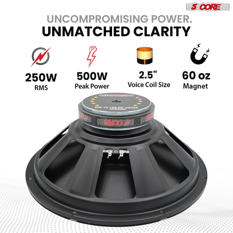 5 Core 15 Inch Woofer Pair 500W Car Subwoofer 4Ohm Replacement Deep Sub w Poly Cone