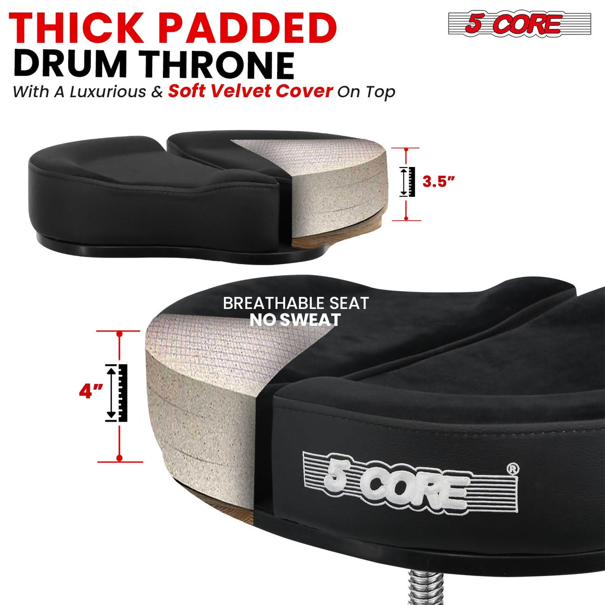 5 Core Drum Throne 5" Padded Split Spine Support 4 Legged 441Lb Capacity Drummer Stool