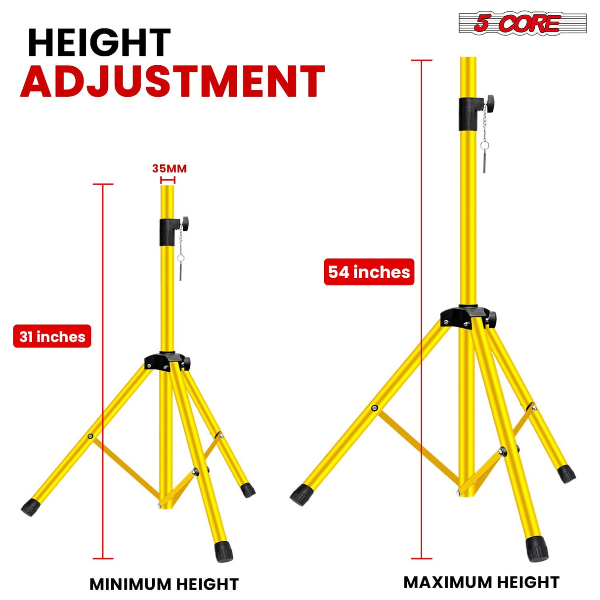 5 Core Speaker Stand Adjustable 31 to 54" PA DJ Tripod Stands Heavy Duty w 35mm Insert 132 Lbs