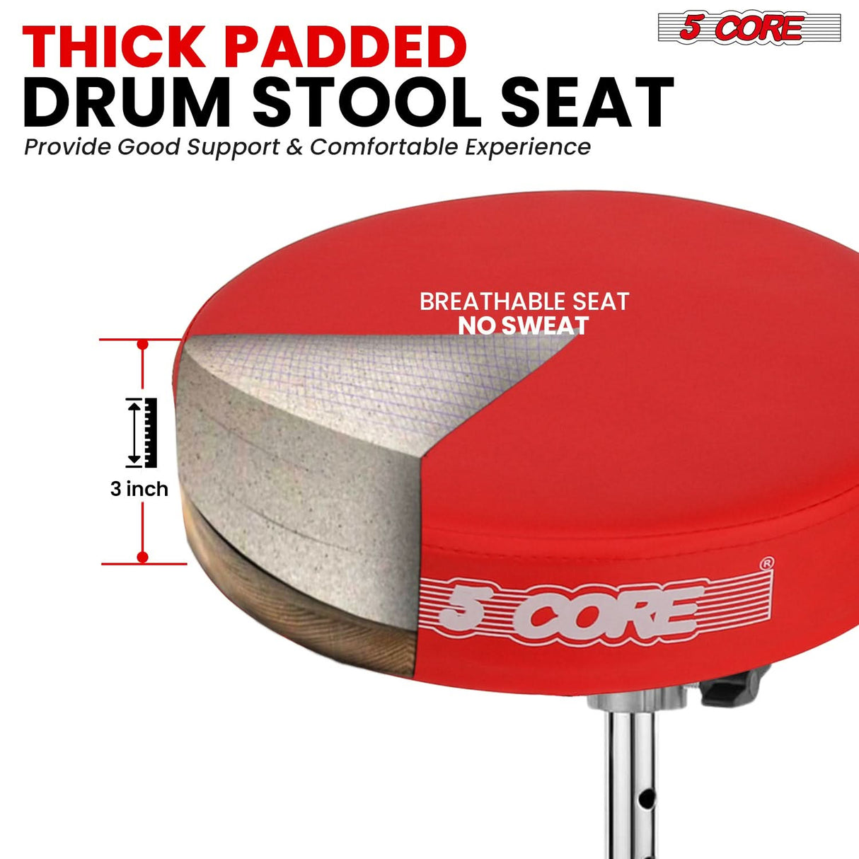 5 Core Drum Throne 3" Padded Drum Seat Height Adjustable Drumming Chair for Practice and Performance