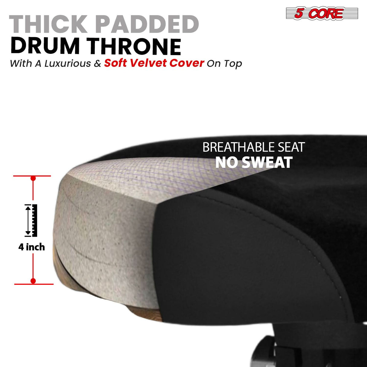 5 Core Drum Throne w Backrest 4" Padded Stool Airlift 25" Adjustable Drummer Stool 441Lb Capacity