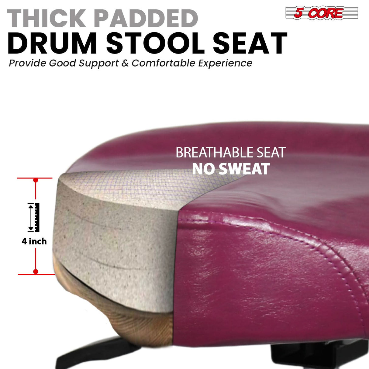 5 Core Drum Throne w Backrest 4" Padded Stool Adjustable 24.5" Drummer Chair w 441Lb Capacity