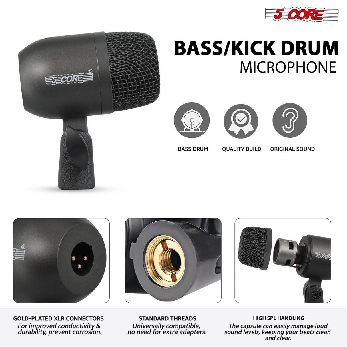 5 Core Drum Microphone Kit 9Pc All Metal Drummer Mics Tom/Snare & Cymbals Wired Instrument Drums Set
