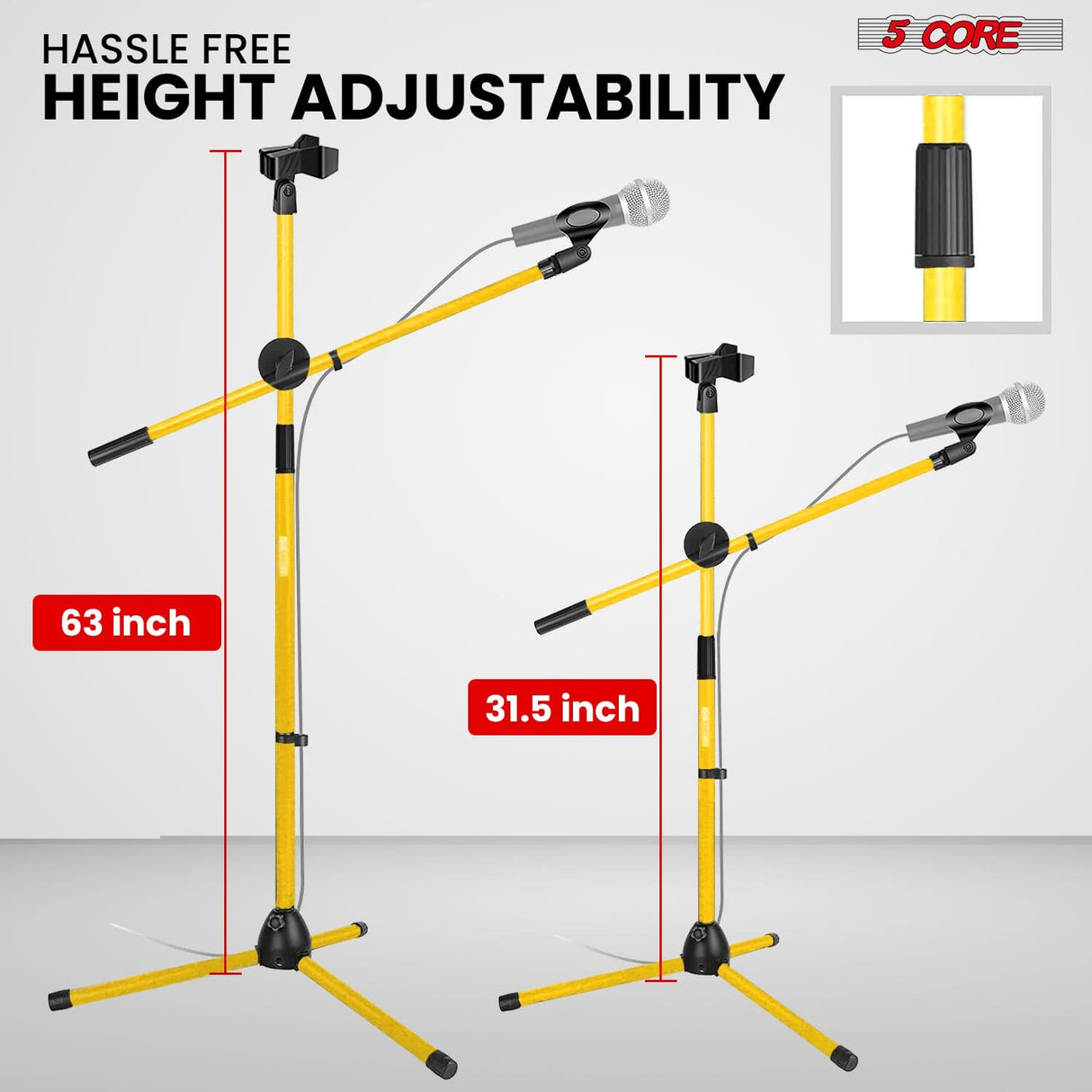 5 Core Dual Microphone Stand 2 Pack, Adjustable Tripod Floor Stand with Boom Arm, Yellow
