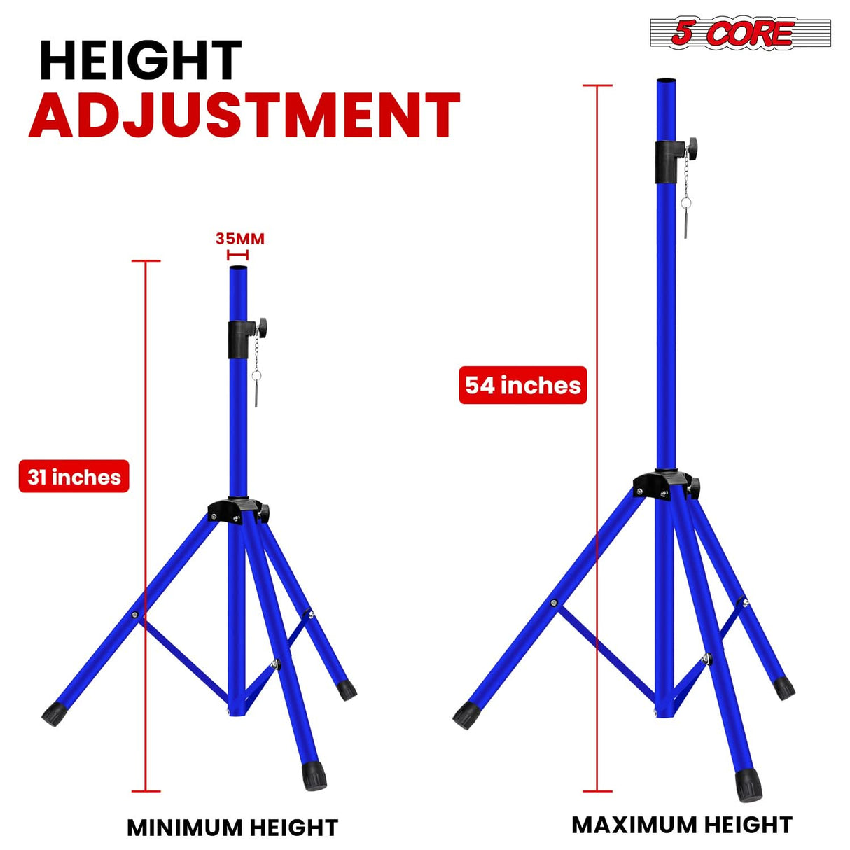 5 Core Speaker Stand Adjustable 31 to 54" PA DJ Tripod Stands Heavy Duty w 35mm Insert 132 Lbs