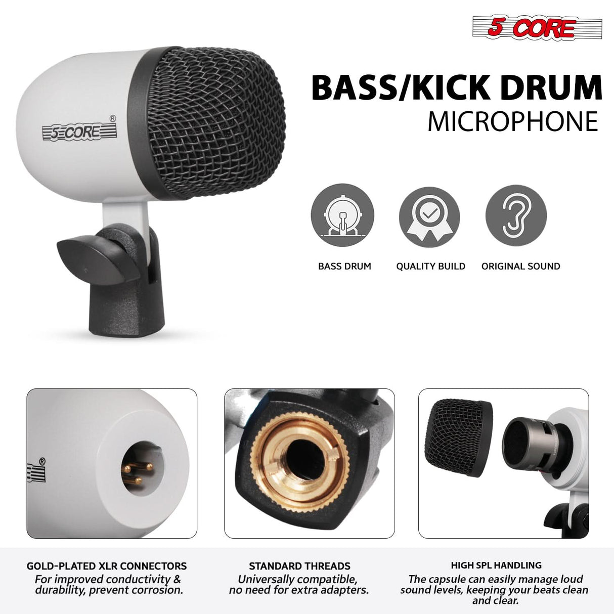 5 Core Drum Microphone Kit 9Pc All Metal Drummer Mics Tom/Snare & Cymbals Wired Instrument Drums Set