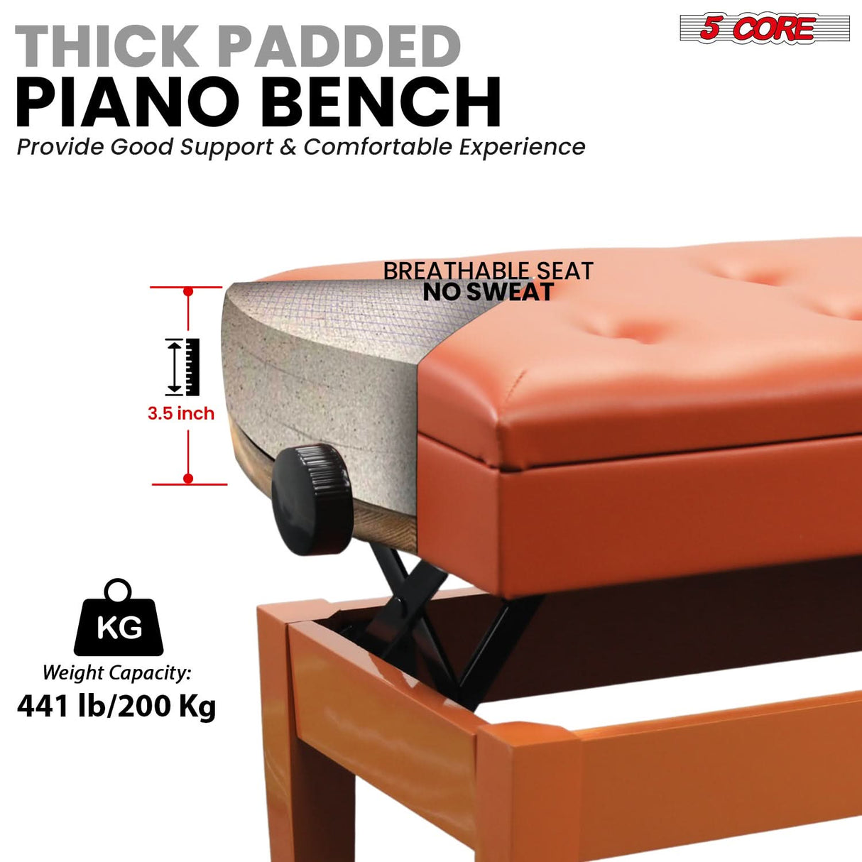 5 Core Duet Piano Bench 3.5 Inch Padded Cushioned Stool Wooden Heavy Duty Musician Chair w Storage