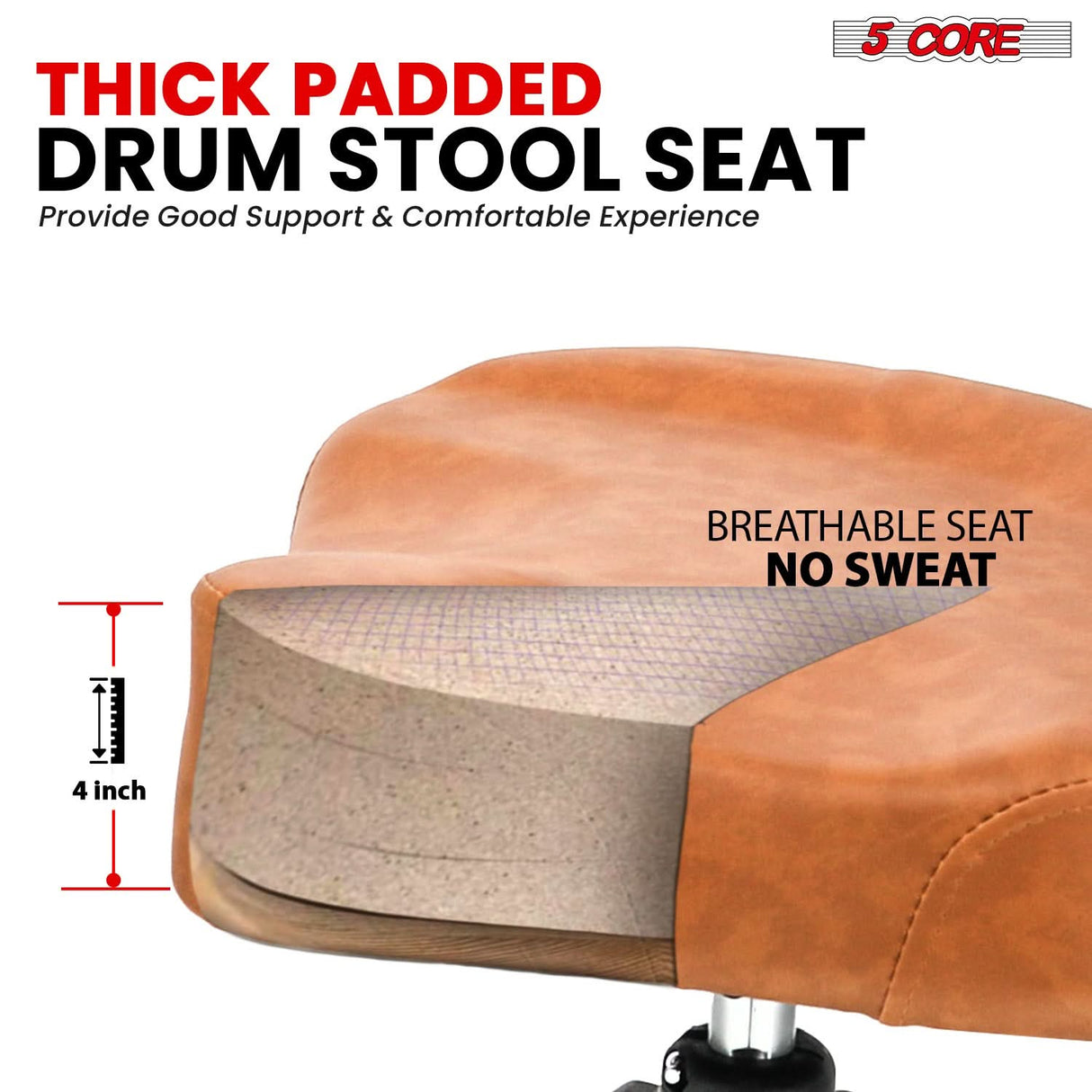 5Core Drum Throne 4" Cushion Padded Stool w Backrest Airlift Height Adjustable Chair w 441Lb Capcity