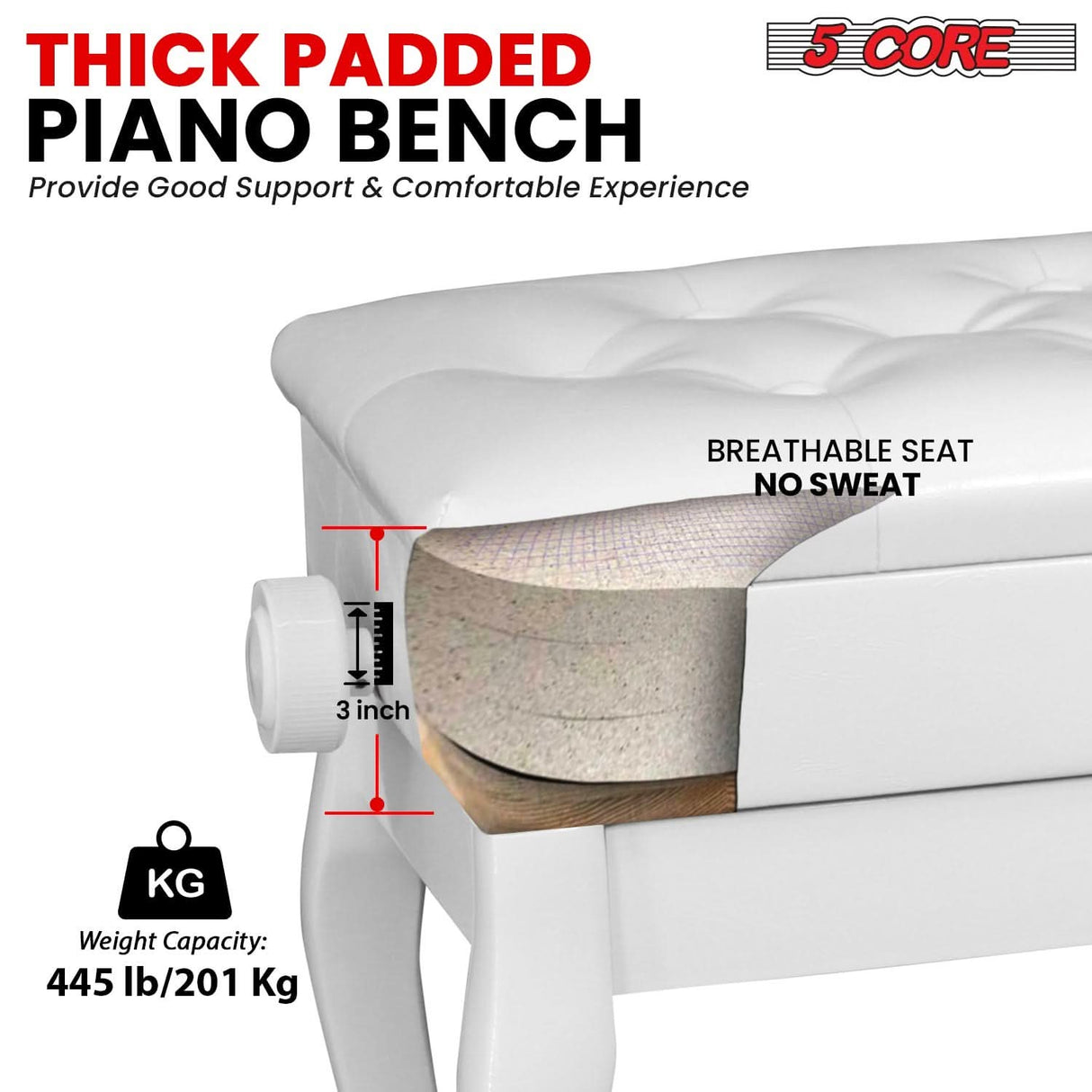 5 Core Piano Bench 3" Padded Cushioned Stool Wooden Heavy Duty Adjustable Musician Chair w Storage