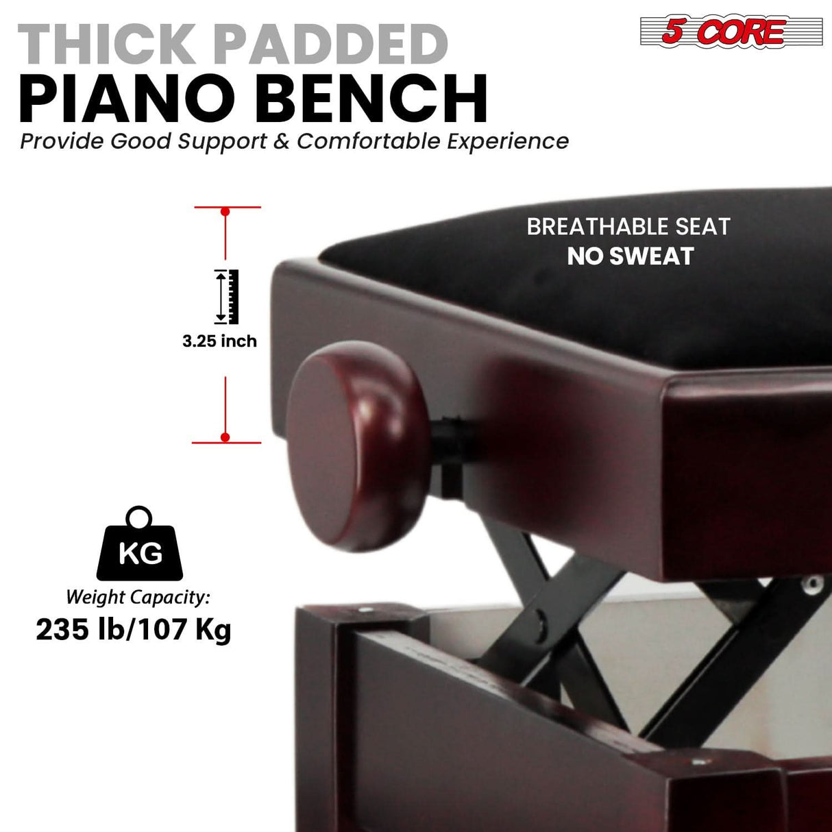 5 Core Adjustable Piano Bench Thick 3.25" Solid Wood Keyboard Stool Heavy Duty Musician Chair