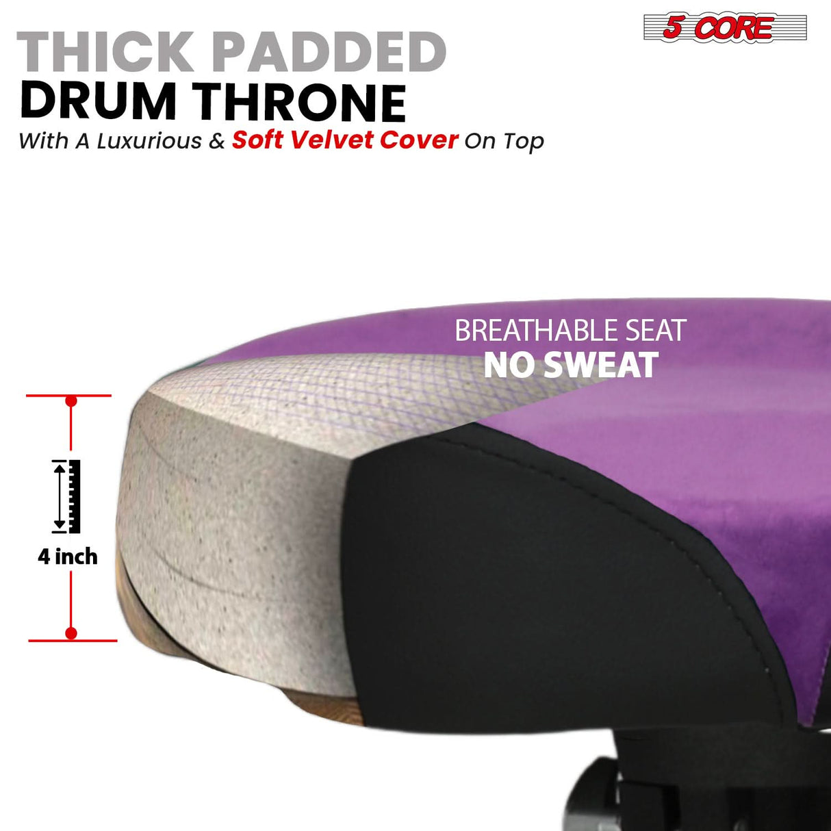 5 Core Drum Throne w Backrest 4" Padded Stool Airlift 25" Adjustable Drummer Stool 441Lb Capacity