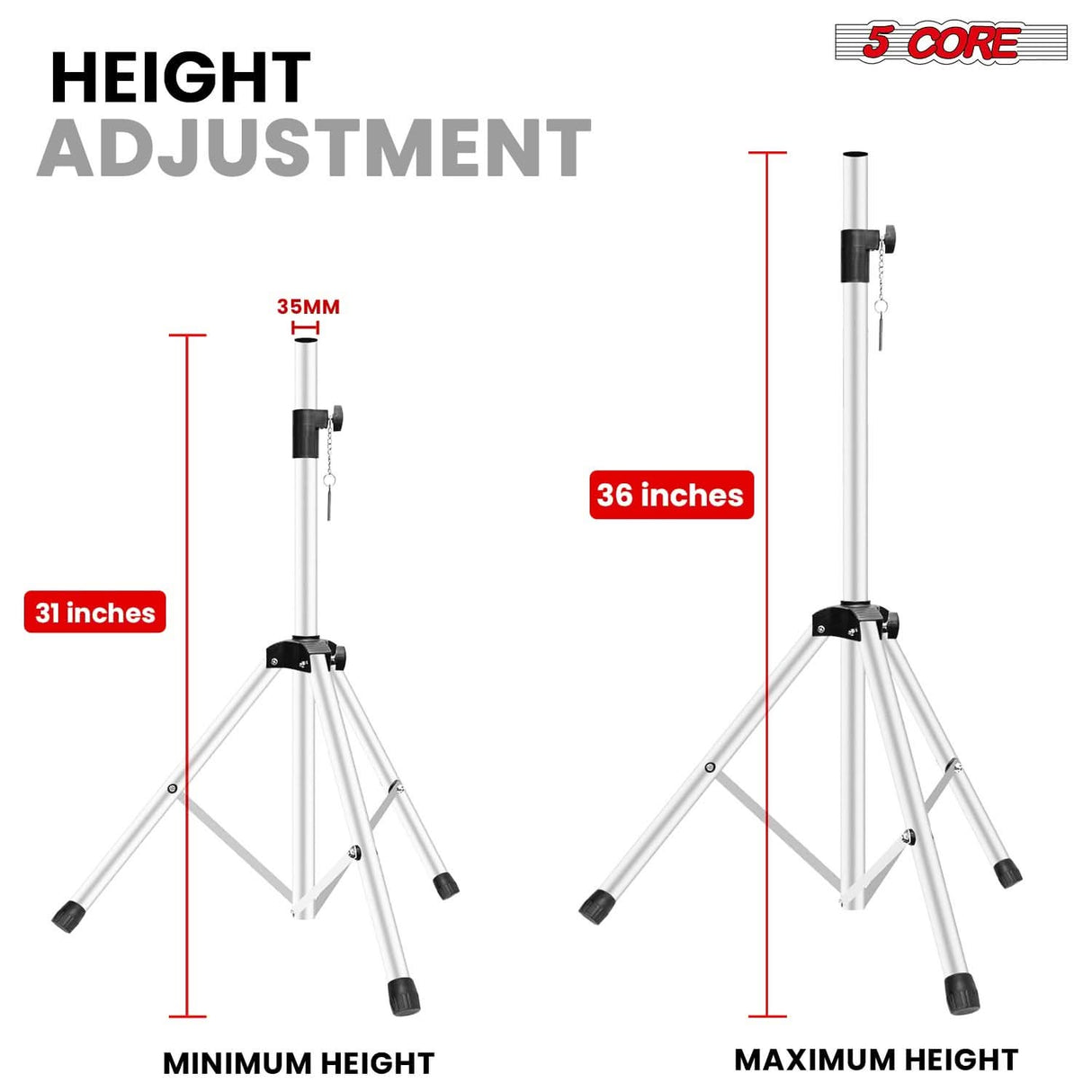 5 Core Speaker Stand 2Pc Adjustable 31 to 36" PA DJ Tripod Stands Heavy Duty w 35mm Pole 132Lb w Bag