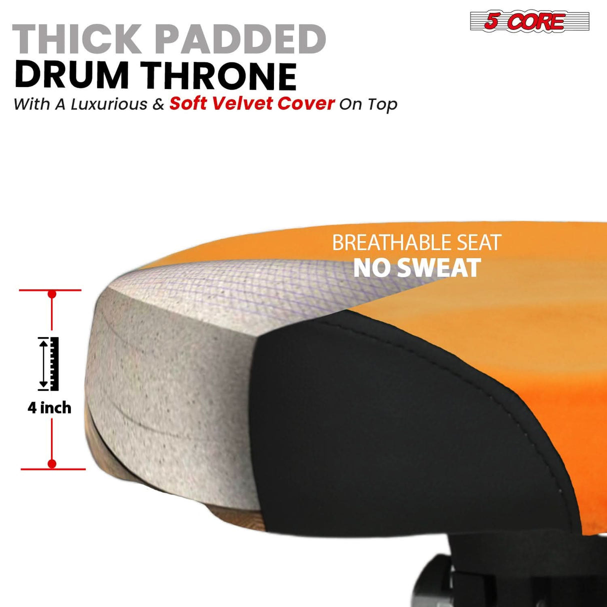 5 Core Drum Throne w Backrest 4" Padded Stool Airlift 25" Adjustable Drummer Stool 441Lb Capacity