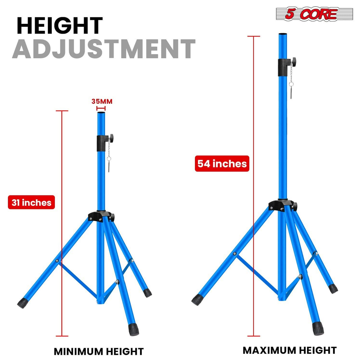 5 Core Speaker Stand Adjustable 31 to 54" PA DJ Tripod Stands Heavy Duty w 35mm Insert 132 Lbs