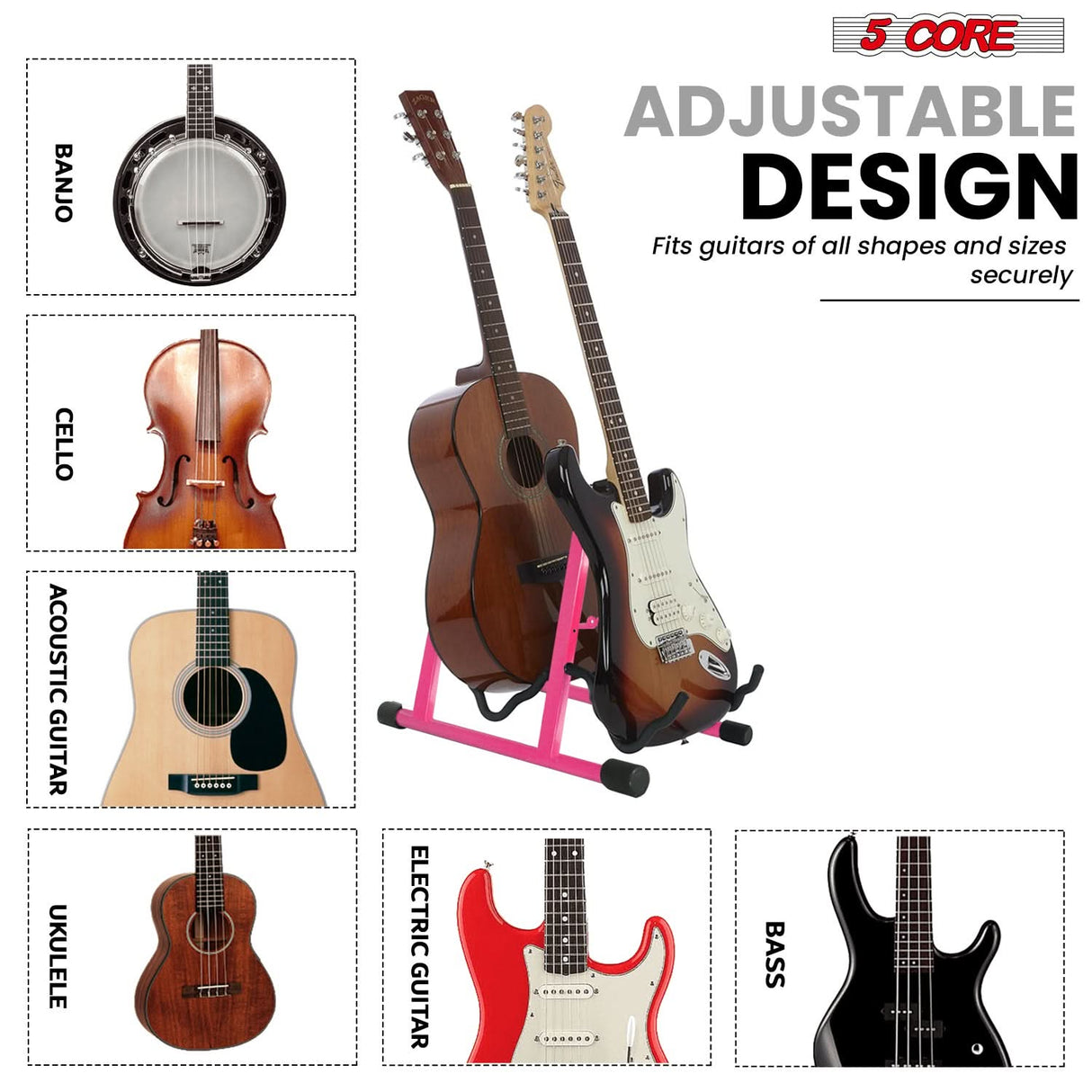 5 Core Double Guitar Stand A Frame Shape w Foam Arms Supports Acoustic Electric Bass Ukulele Banjo