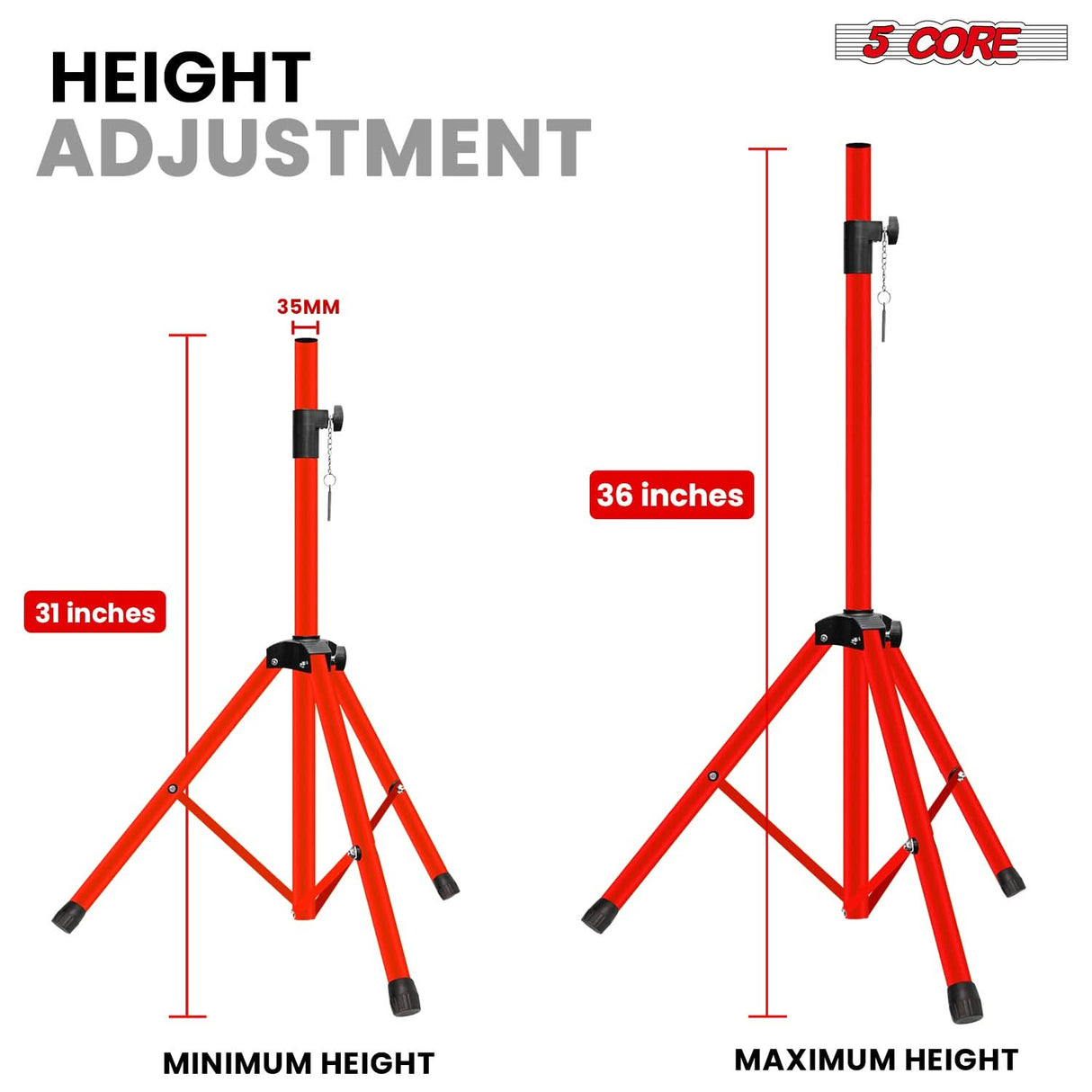 5 Core Speaker Stand Adjustable 31 to 36" PA DJ Tripod Stands Heavy Duty w 35mm Insert 132 Lbs