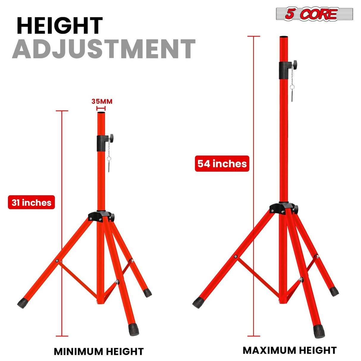 5 Core Speaker Stand Adjustable 31 to 54" PA DJ Tripod Stands Heavy Duty w 35mm Insert 132 Lbs