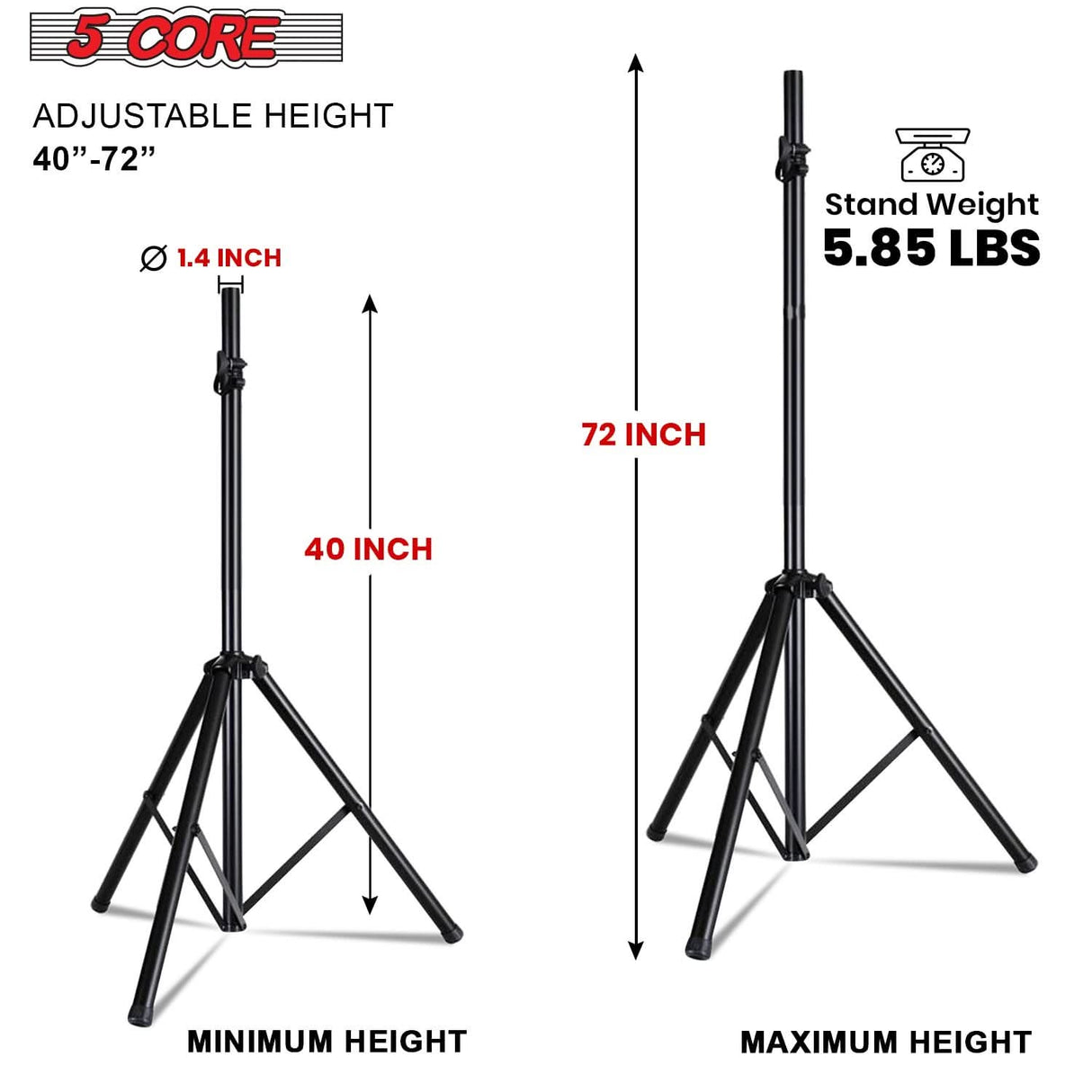 5Core Speaker Stand Tripod Tall Adjustable 72 Inch DJ Pole Mount Studio Monitor Stands BLACK 2 PK