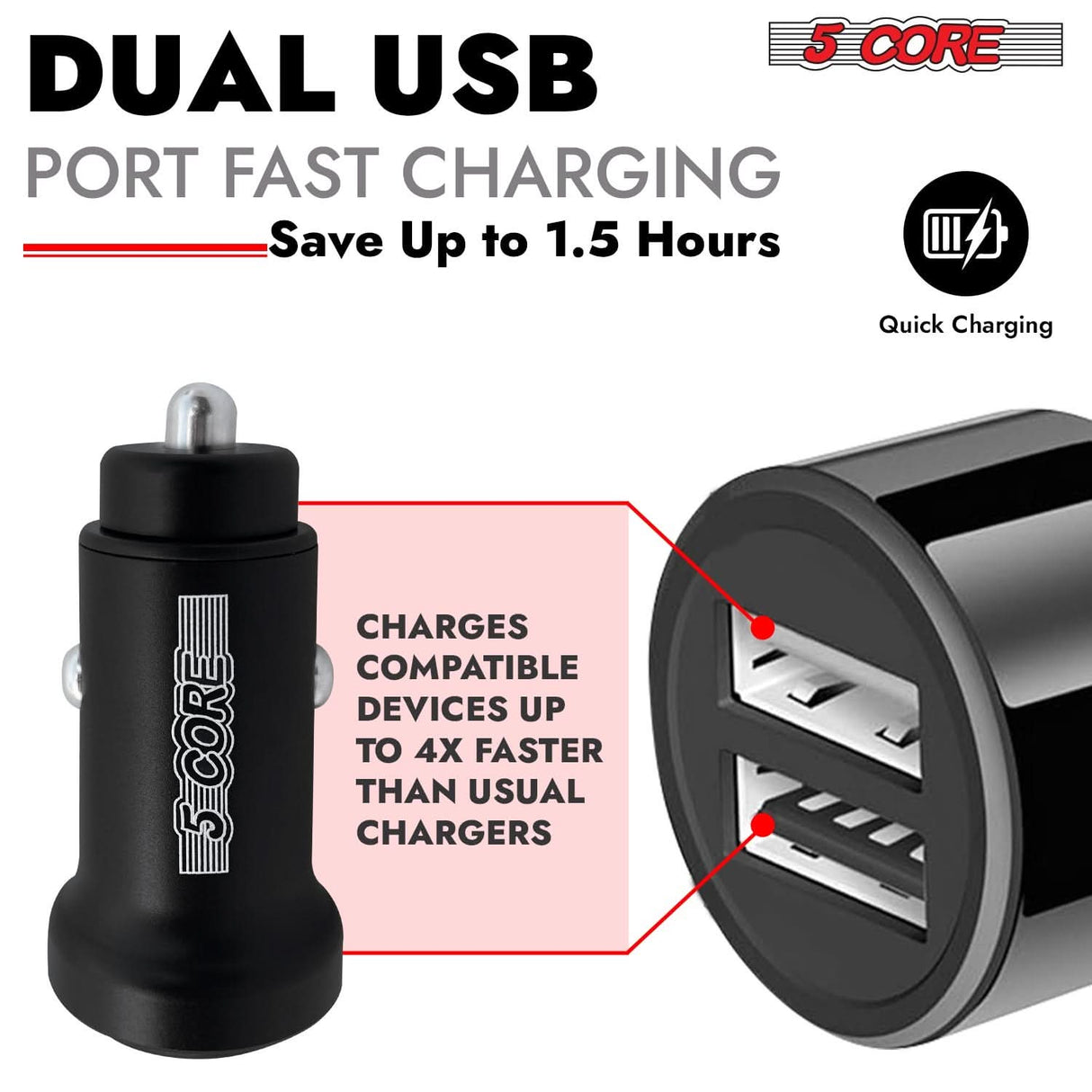 5 Core Fast Car Charger Pair Quick Charging Phone USB Adapter 2 Port Cigarette Lighter Auto Charger