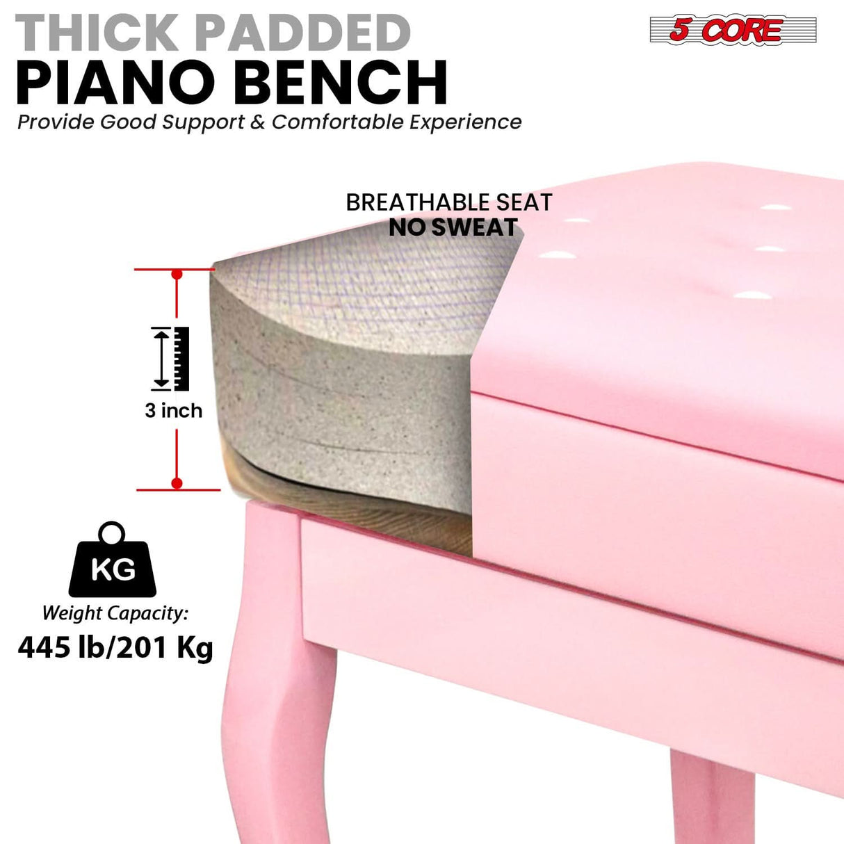 5 Core Piano Bench 3" Padded Cushioned Stool Wooden Heavy Duty Adjustable Musician Chair w Storage