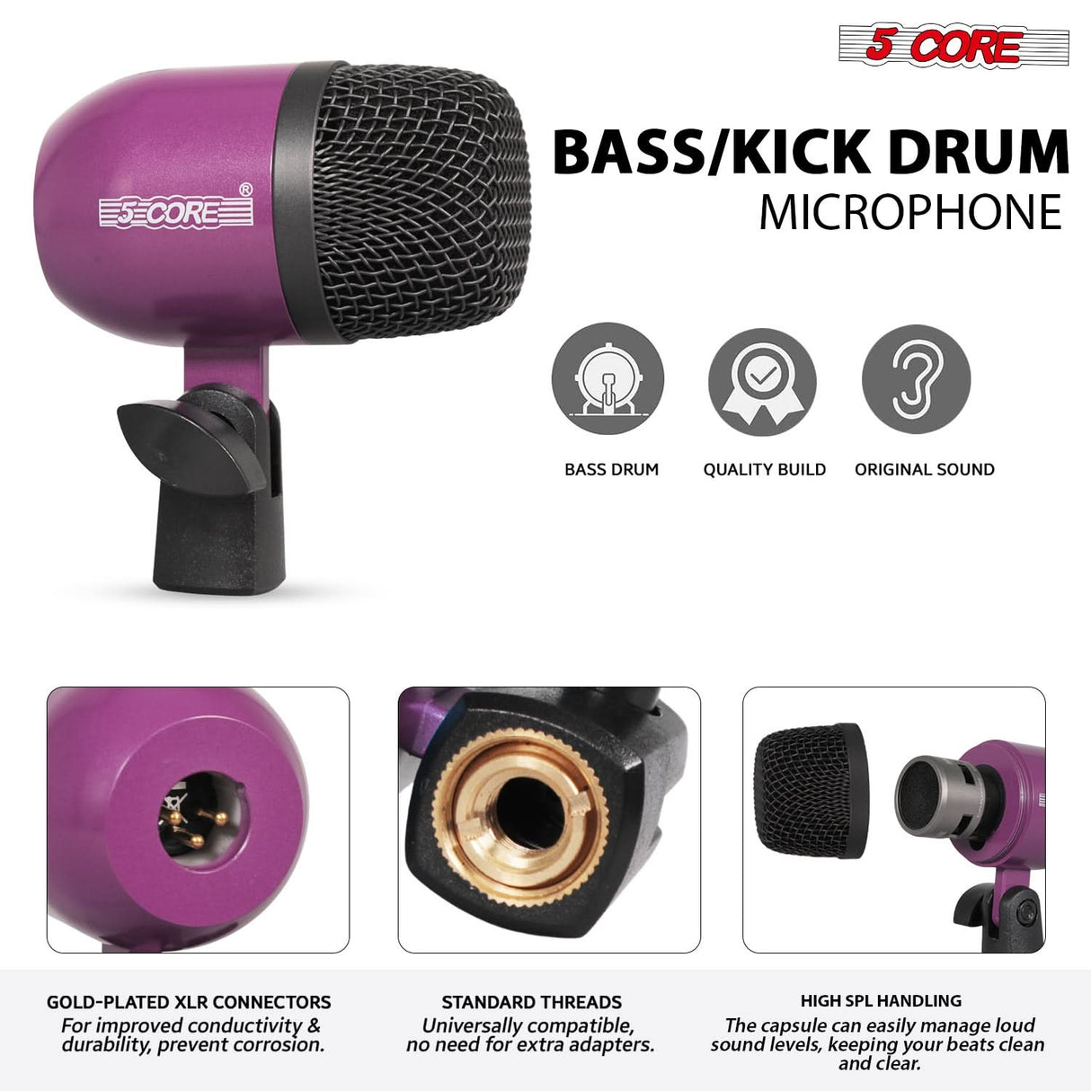 5 Core Drum Microphone Kit 9Pc All Metal Drummer Mics Tom/Snare & Cymbals Wired Instrument Drums Set
