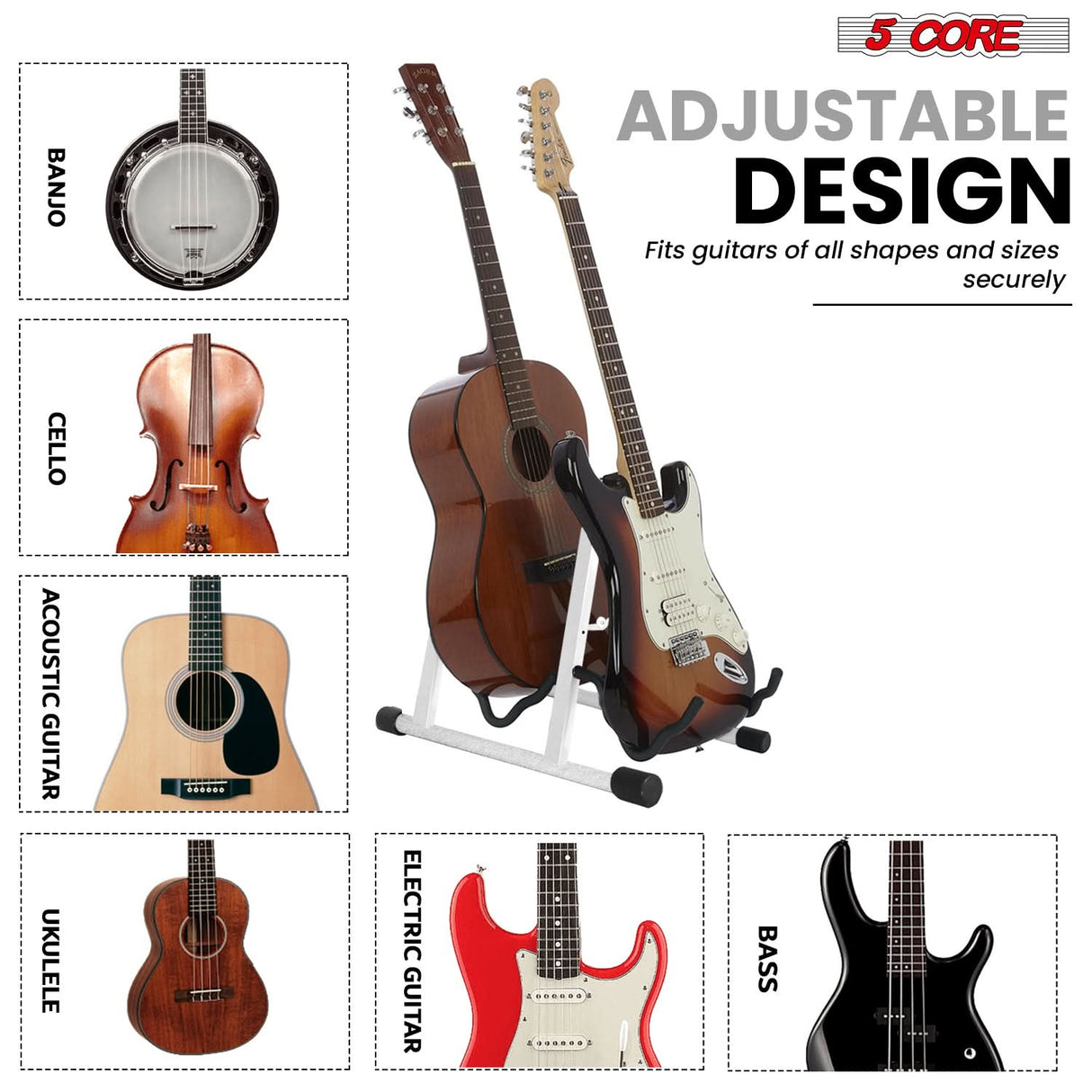 5 Core Double Guitar Stand A Frame Shape w Foam Arms Supports Acoustic Electric Bass Ukulele Banjo