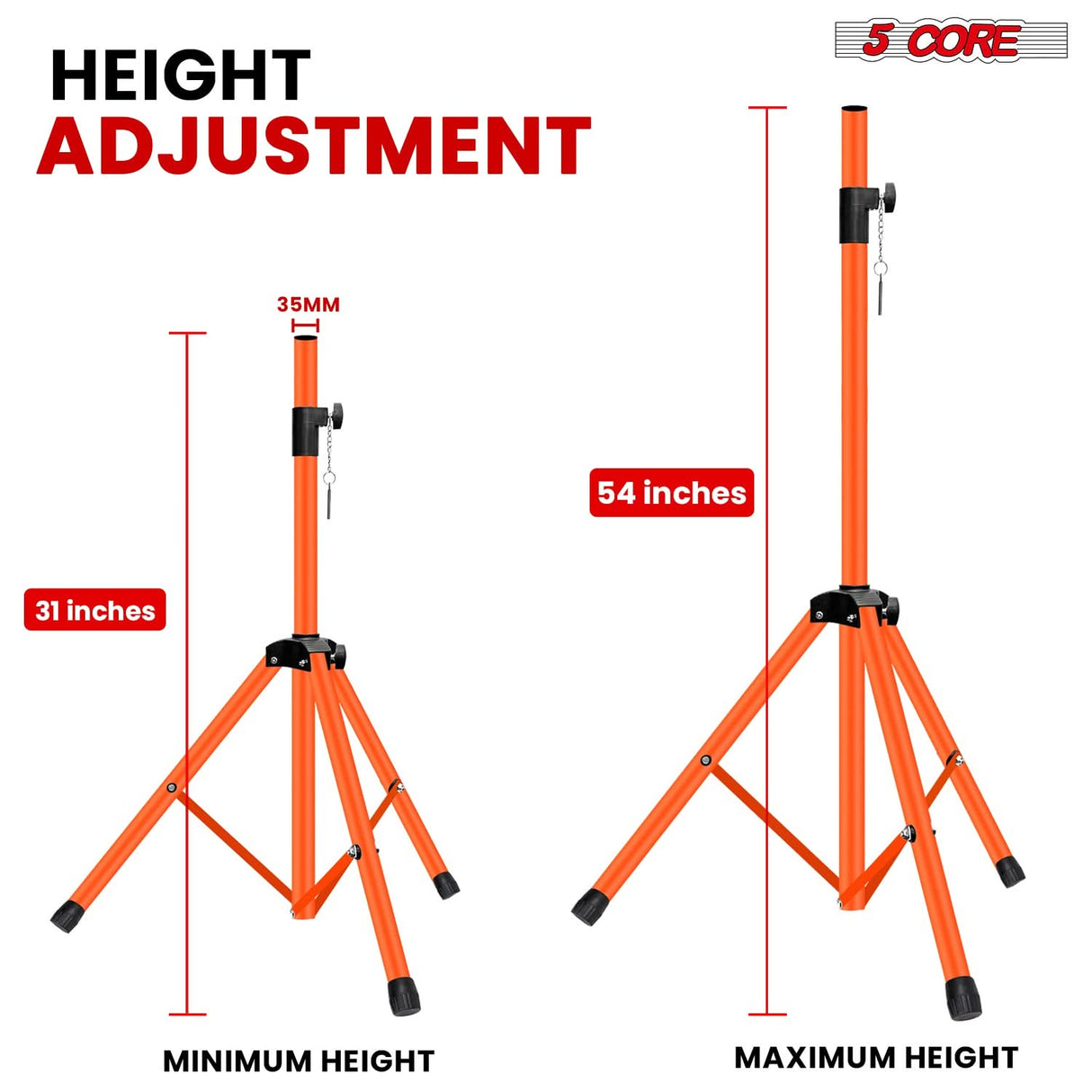 5 Core Speaker Stand Adjustable 31 to 54" PA DJ Tripod Stands Heavy Duty w 35mm Insert 132 Lbs