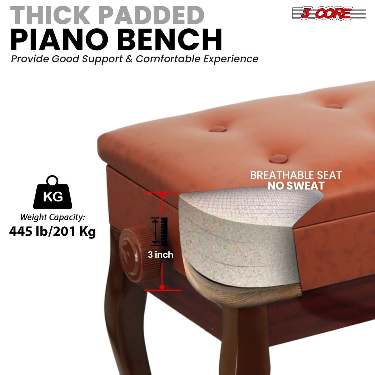 5 Core Piano Bench 3" Padded Cushioned Stool Wooden Heavy Duty Adjustable Musician Chair w Storage