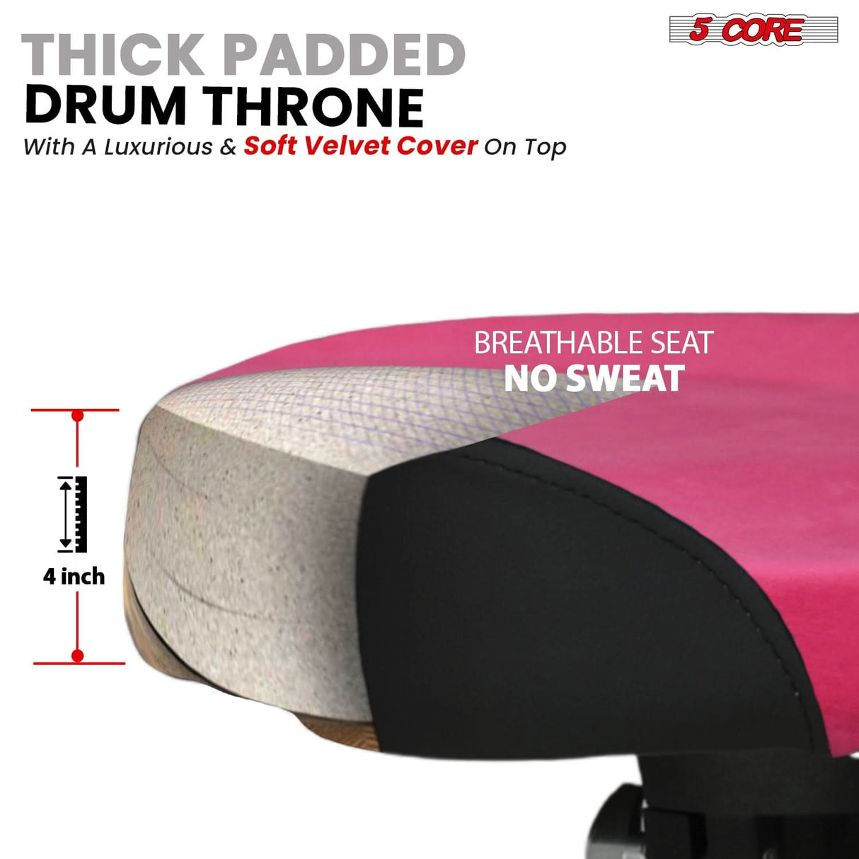 5 Core Drum Throne w Backrest 4" Padded Stool Airlift 25" Adjustable Drummer Stool 441Lb Capacity