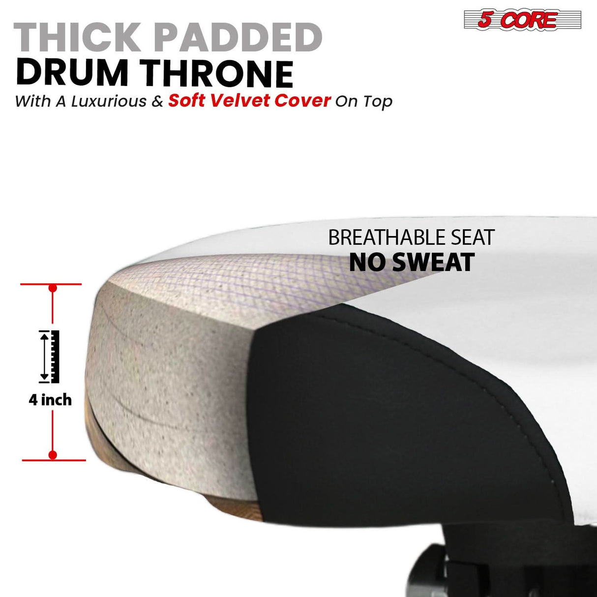 5 Core Drum Throne w Backrest 4" Padded Stool Airlift 25" Adjustable Drummer Stool 441Lb Capacity